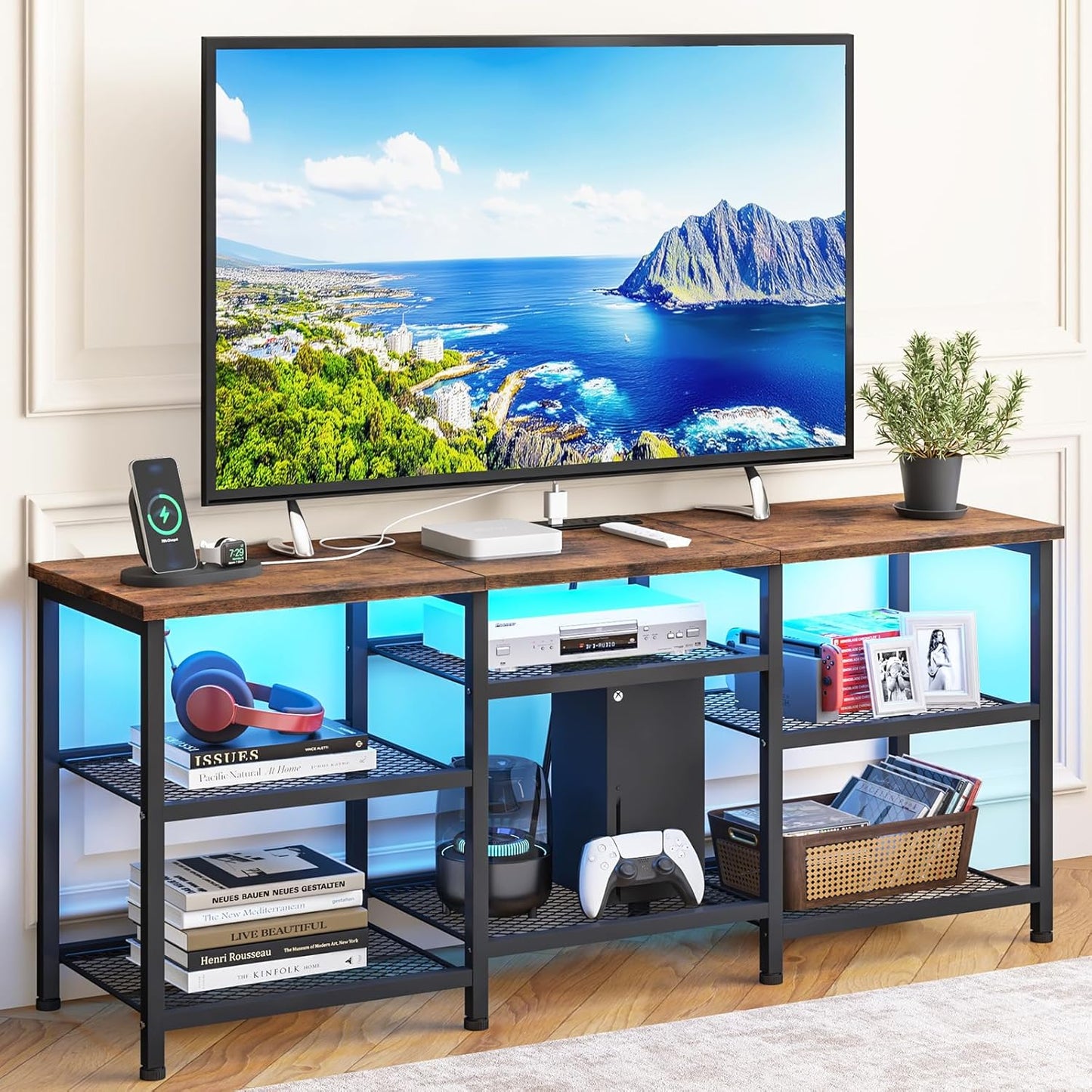 YGEOMER TV Stand for 55 inch TVs, Entertainment Center with Movable Shelf Panels, Power Outlet and LED Lights Open Storage Shelves, TV Media Console Table for Living Room and Bedroom, Rustic Brown