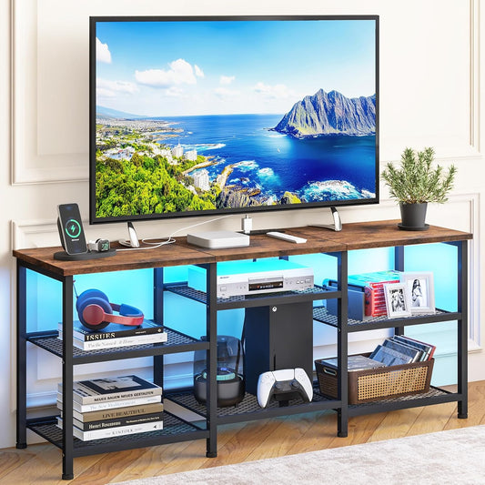 YGEOMER TV Stand for 55 inch TVs, Entertainment Center with Movable Shelf Panels, Power Outlet and LED Lights Open Storage Shelves, TV Media Console Table for Living Room and Bedroom, Rustic Brown