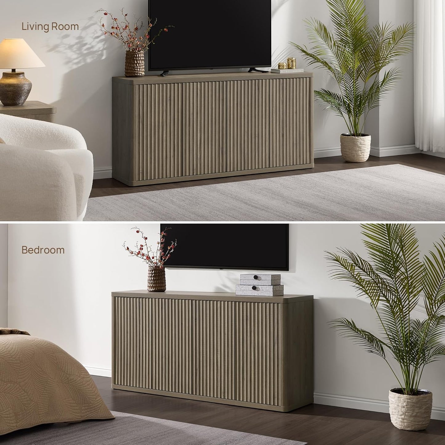 SICOTAS TV Stands for Living Room - Entertainment Center with Storage for 65 Inch TV Modern Television Stands Long Fluted Console Cabinet Large Media Console for Bedroom Living Room, Grey Alder