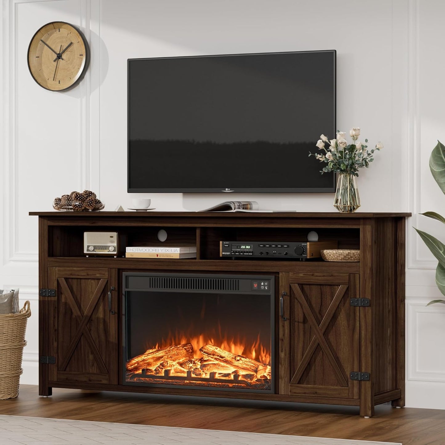 JUMMICO TV Stand for 65 Inch TV, Entertainment Center with Storage Cabinets and Sliding Barn Doors, Mid Century Modern Media TV Console Table for Living Room Bedroom (Bright White)