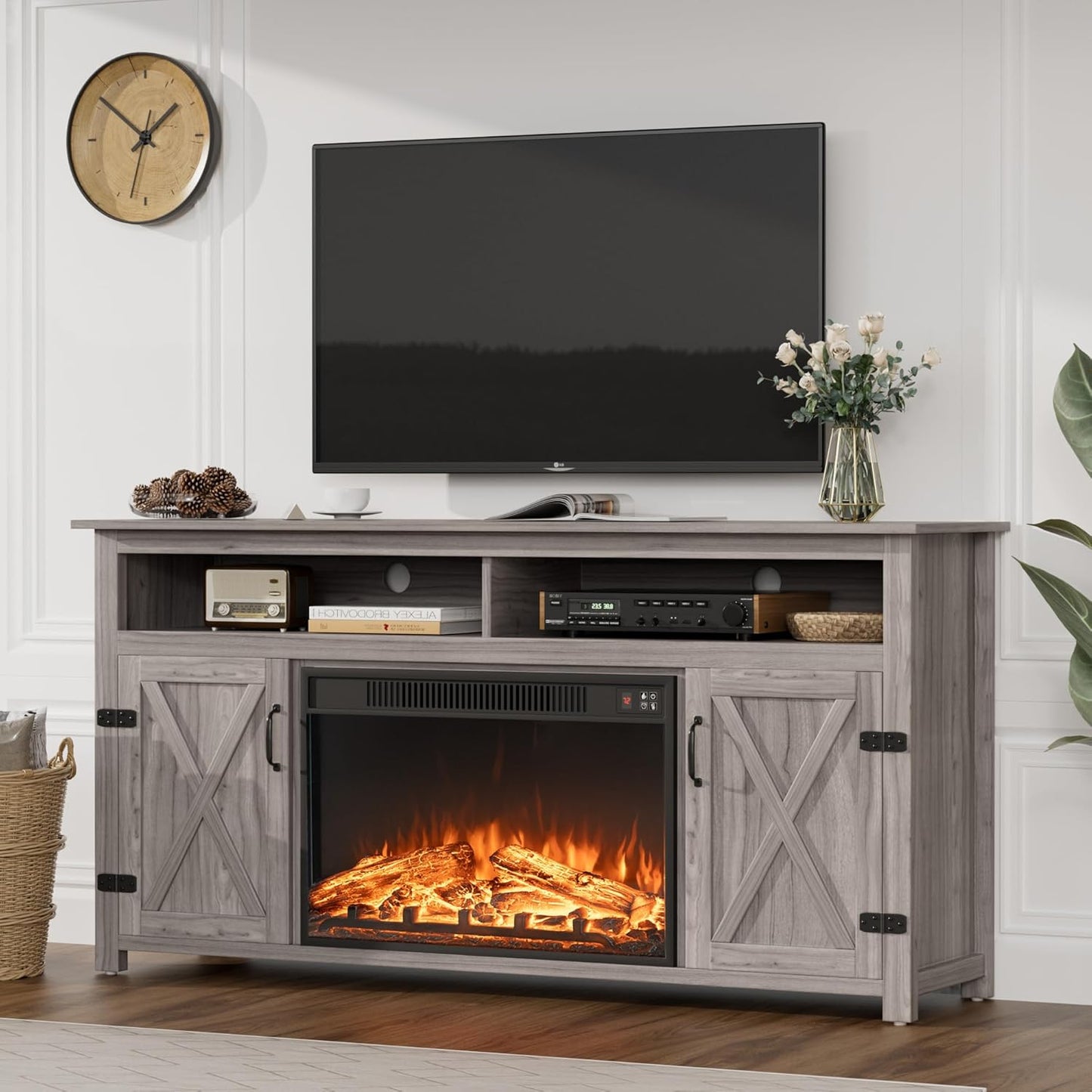 JUMMICO TV Stand for 65 Inch TV, Entertainment Center with Storage Cabinets and Sliding Barn Doors, Mid Century Modern Media TV Console Table for Living Room Bedroom (Bright White)