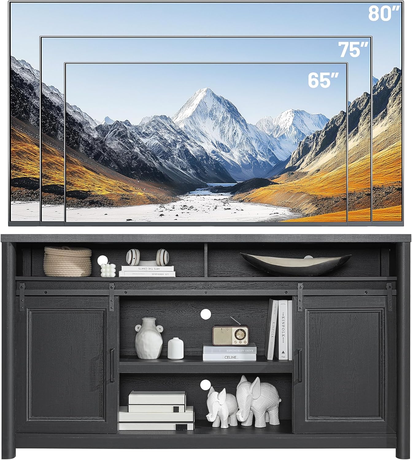 Farmhouse TV Stand for Living Room, Large Black Entertainment Center with Storage, TV Console for Bedroom, TV Stand with Sliding Barn Door Television Stands for 80 Inch TV, 38 Inch Tall Media Cabinet